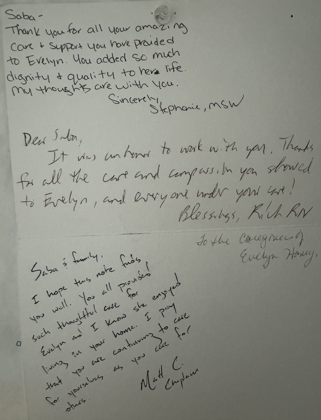 Handwritten notes from Stephanie MSW, Ruth RN, and Matt Chaplain