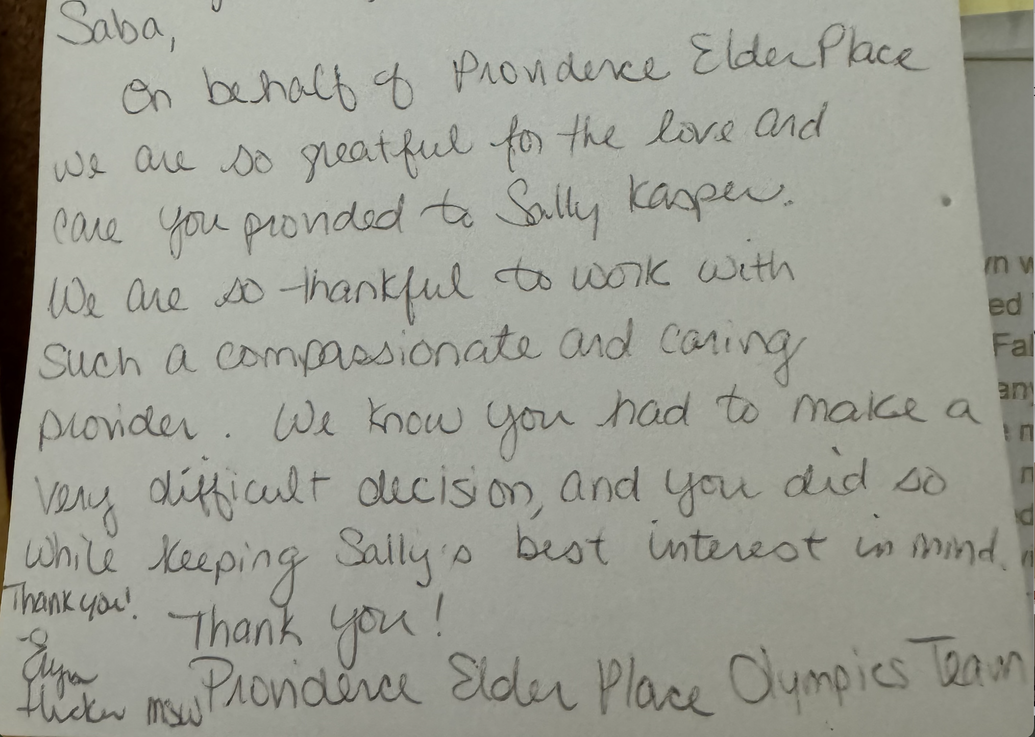 Note from Providence Elder Place Olympics Team